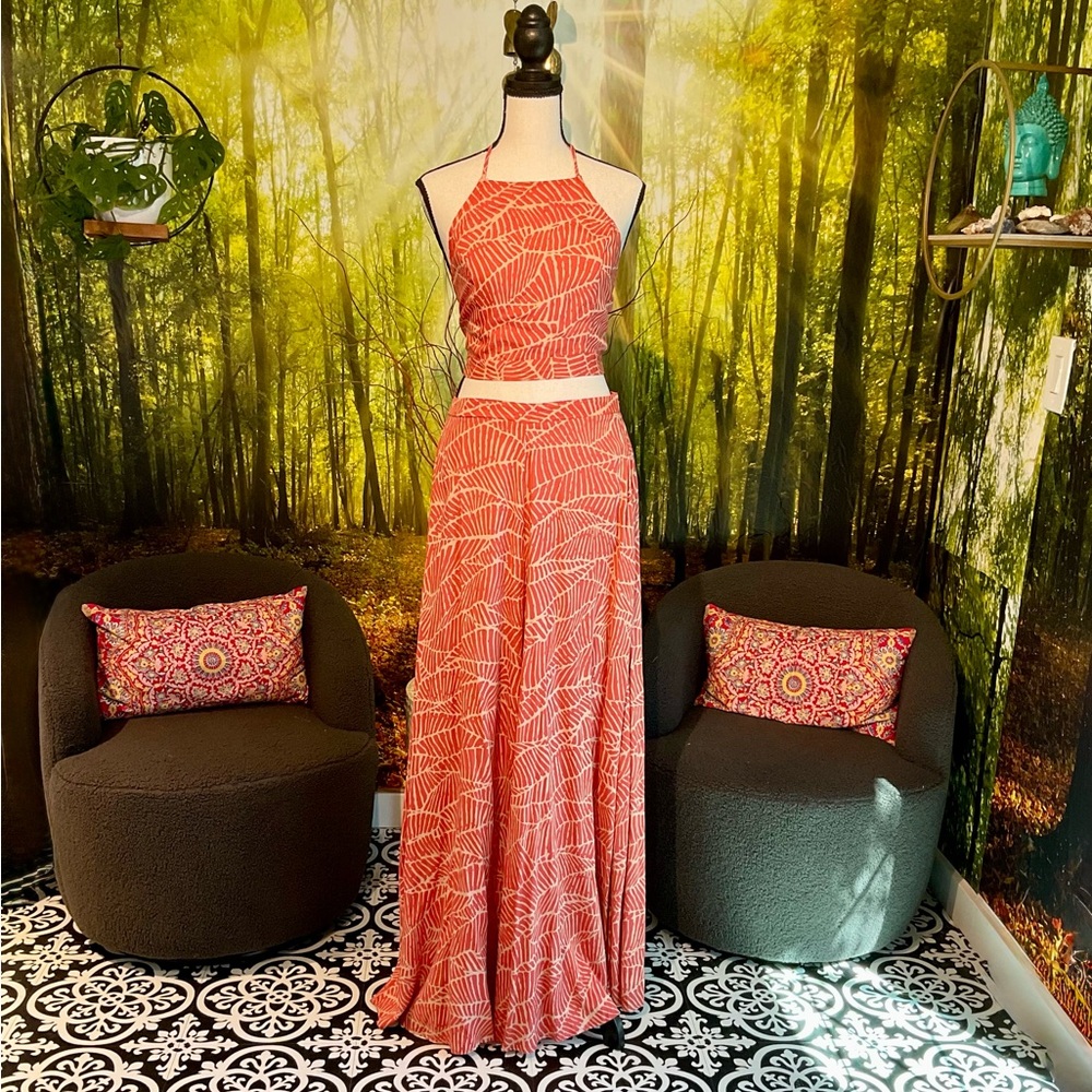 Stylish Coral Halter Top and wide leg pants